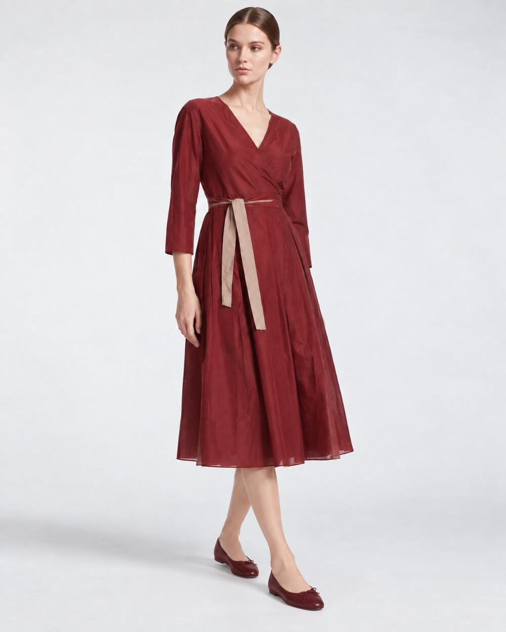 NEW $1,090 'S MAX MARA Reversible Wrap Midi Dress 8 Red Burgundy Taupe Tan Beige